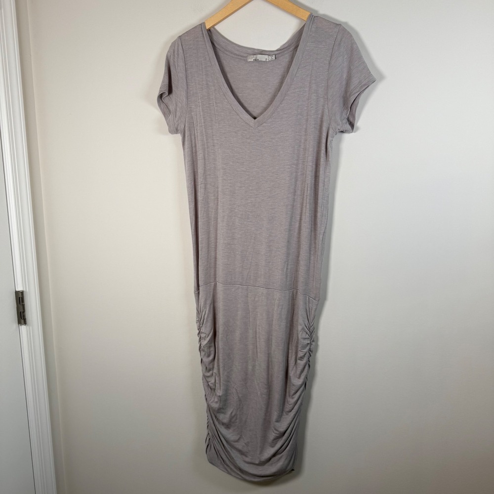 Prana Foundation Cinch Shirt Dress Small Grey V-Neck Short Sleeve Ruched Sides